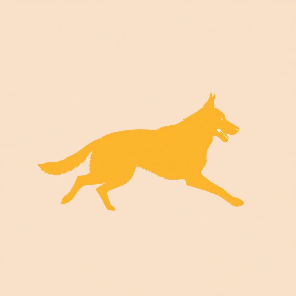 Minimalist luxury silhouette of a German Shepherd dog in motion, vector style, golden sand color #C5A059, solid color, transparent background