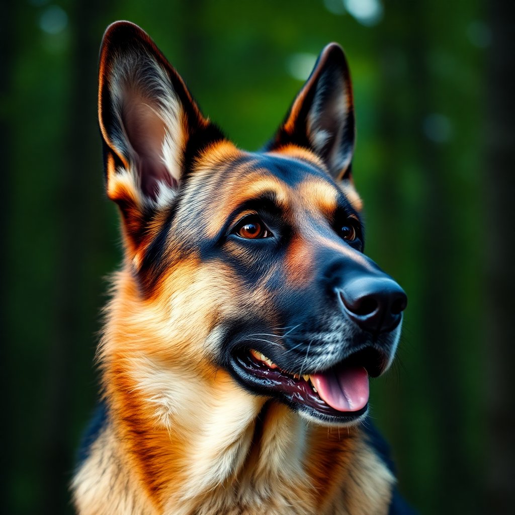 Portrait of a strong male German Shepherd head, intelligent look, sharp focus on eyes, blurred background of a forest, professional animal photography, 8k