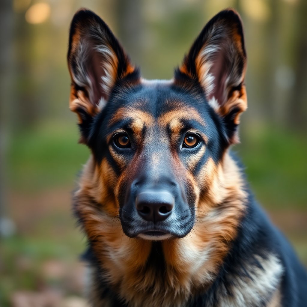 Portrait of an elegant female German Shepherd head, intelligent look, sharp focus on eyes, blurred forest background, professional animal photography, 8k