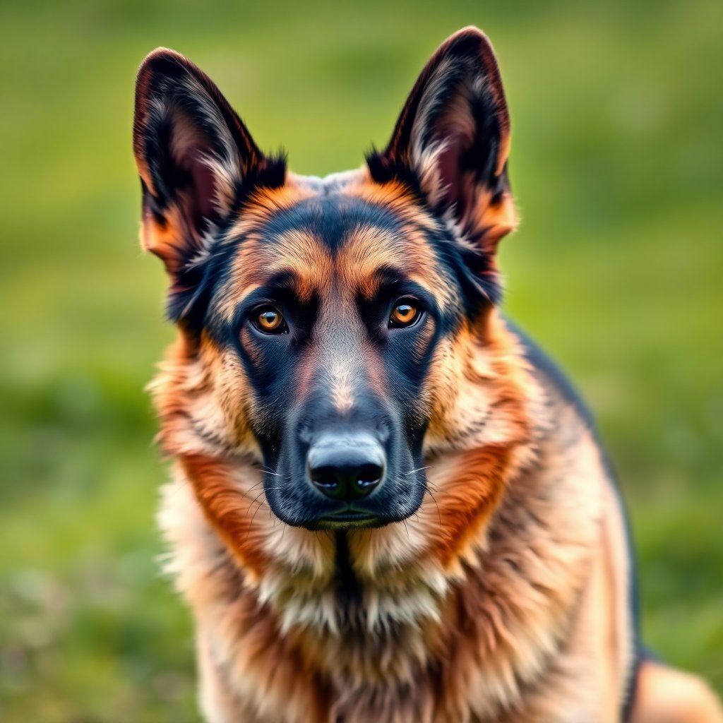 Professional portrait of a male German Shepherd dog, athletic build, black and tan, standing in grass, focus on intense gaze, kynology photography, 8k