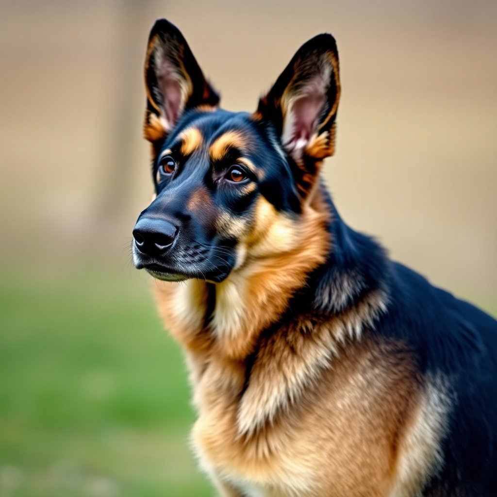 Professional portrait of a female German Shepherd dog, elegant posture, black and tan, outdoor natural background, intelligent expression, 8k
