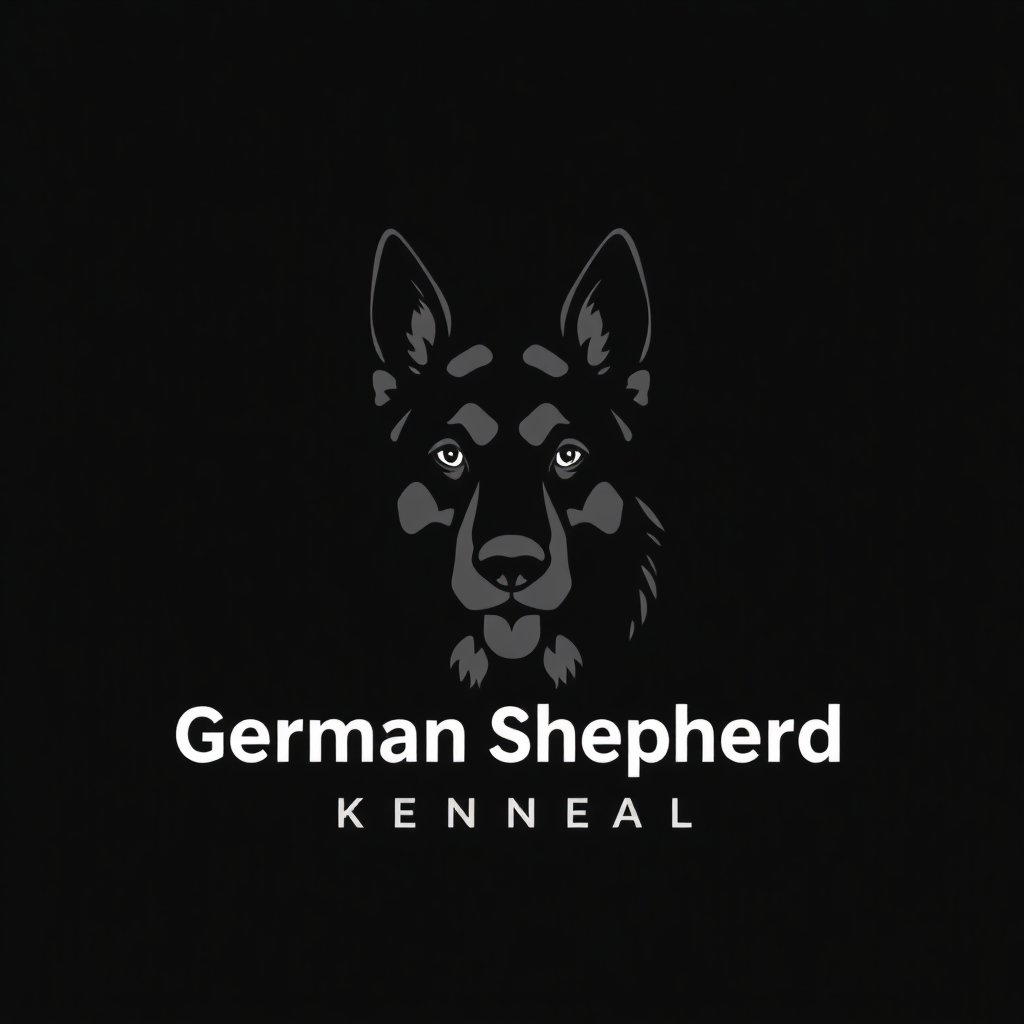 Minimalist low-contrast logo of a German Shepherd kennel, vector style, dark grey on black background